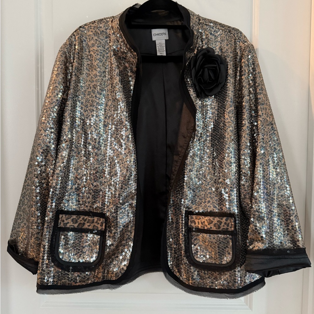 Chico's Size 3 Cheetah Print Silver Sequin Women's Jacket